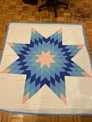 Vintage Hand Quilted Patchwork Lone Star Quilt Diamond Shapes Blue Pink Green