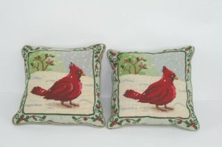 Two (2) Vintage Red Cardinal Bird Needlepoint Throw Pillows Christmas Winter