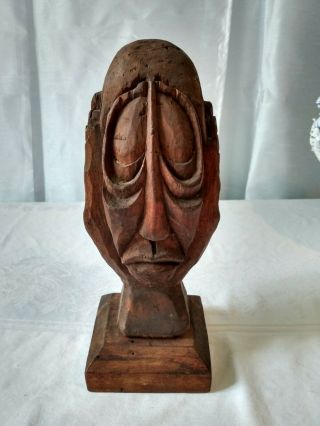 Crude Hand Carved Wooden Statue African/polynesian Hands Holding Head/face