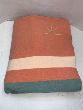 Rising Sun Baron Woolen Mills Vintage Salmon W/ Peach Green Stripes Wool Blanket