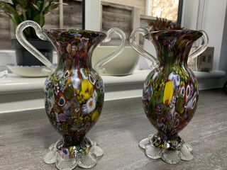 Vintage Fratelli Toso Murano Millefiori Flower Style 60s Glass Pair Vase