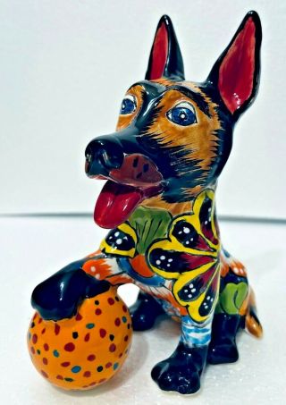 Mexican Talavera Pottery Animal Dog German Shepherd Folk Art