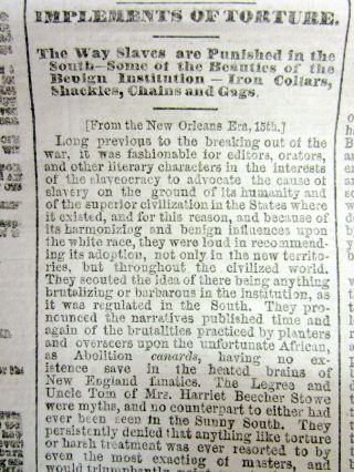 1863 Chicago Tribune Civil War Newspaper W Essay Torture Of Slaves In Us South
