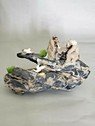 Vtg Chinese Mud Man Sitting on Rock Sculpture Bird 6.  5  L by 5  W by 4  T 2