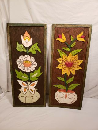 Set Of 2 Vintage Hard Carved Wood Flower Pictures,  Mexico Hand Painted,  Unsigned
