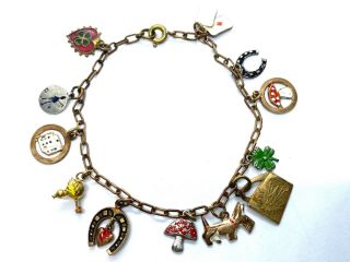 Lovely Vintage 1930s Brass & Enamel Charm Bracelet