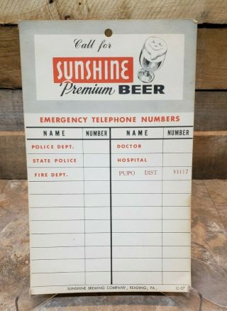 1950s Sunshine Beer Emergency Sign Reading Pa Advertising State Police Fire Dept