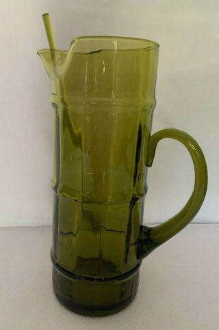 Mid Century Vintage Martini Pitcher / Stirrer Green Glass Tropical Bamboo Design