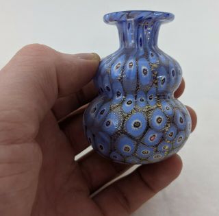 Vintage Murano Miniature Glass Vase Blue Millefiori Canes Gold Fleck
