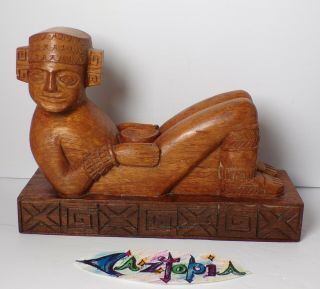 Signed Vintage Folk Art Aztec Chacmool Figurine Wood Carving Mexico J Pinal