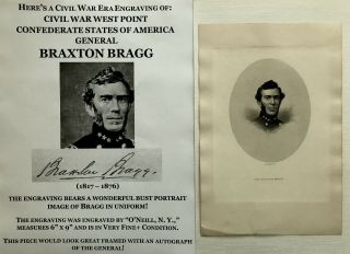Civil War Confederate General Braxton Bragg Signature Steel Photo Engraving Vf