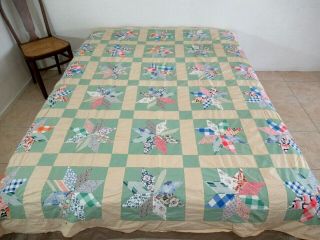 Full Vintage Hand Pieced Feed Sack Patchwork Star Quilt Top W/ Novelty Prints