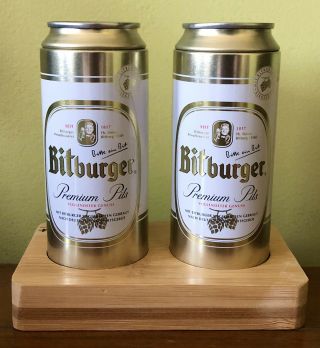 German Bitburger Pils Beer Advertising Salt And Pepper Can Set On Wood Base