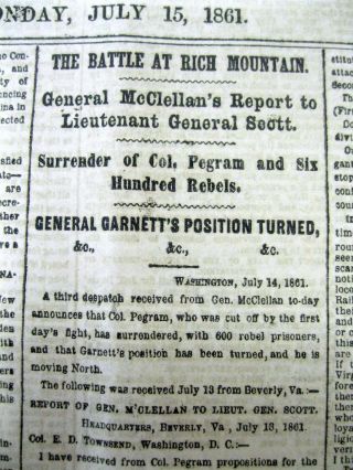 2 1861 Civil War Newspapers Confederates Routed At Battle Of Rich Mountain Wv