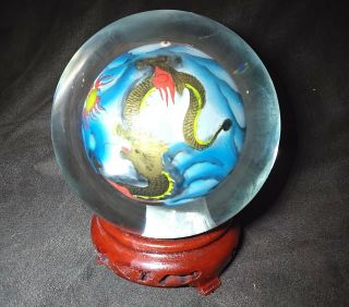 Vtg Asian Chinese Dragons Reverse Hand Painted Signed Glass Ball Globe W/stand