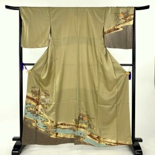 Japanese Kimono " Houmongi " Silk,  Gold/silver,  Plants On Stream,  L 64 ",  M.  1368