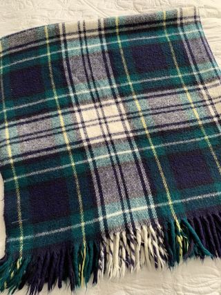 Vtg Blanket Wool Blend Tartan Plaid Blue Green Yellow Troy Mills USA SOFT 52X48 3