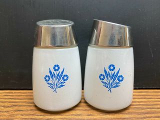 2 Pc Vintage Blue Cornflower Salt & Pepper Shakers Dispensers White Over Glass