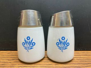 2 pc Vintage Blue Cornflower Salt & Pepper Shakers Dispensers White Over Glass 3