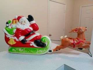 Vintage 1970 Empire Plastic Santa In Sleigh With Reindeer Blow Mold Lighted