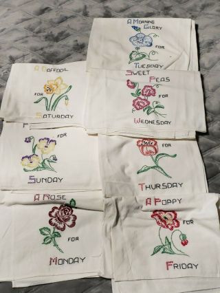 7 - Dish / Tea Towels Days Of The Week Flowers Detailed Hand Embroidered Set