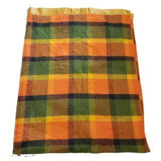 Vintage Wool Blend Full Blanket Plaid Orange Green Yellow Satin Trim 64x82