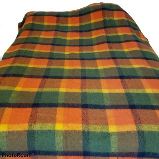 Vintage Wool Blend Full Blanket Plaid Orange Green Yellow Satin Trim 64x82 2