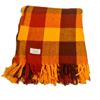 Vintage Faribo Fluff - Loomed Wool Blanket Fringe Plaid Brown Gold Rust Usa 71x56