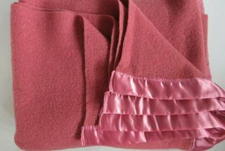 Vintage Twin Raspberry Pink 100 Wool Blanket W Satin Trim 78 " X 58 " Pretty