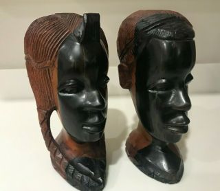 Vintage African Hand Carved Wood Man And Woman Pair Sculpture Head Statue Bust
