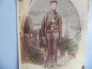 Large Hand Colored Photograph Civil War Soldier W/ Rifle 8 " By 10 " Photo