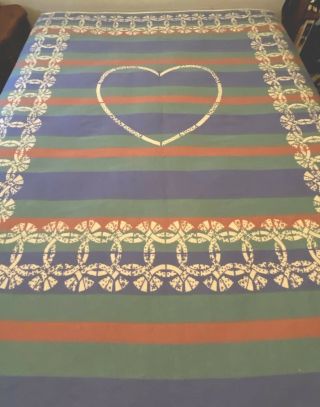 Pendleton Wool Blanket White W/blue,  Pink Ribbon/stripe Queen Sz