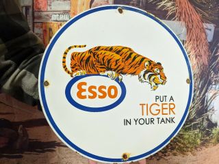 Old Vintage Dated 1962 Esso Tiger Gasoline Porcelain Enamel Gas & Oil Pump Sign