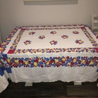 Vintage Mid Century Linen Tablecloth Bright Fruit Print On White Large 65 " X76 "