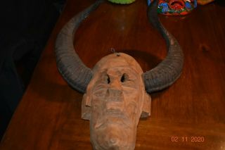 Vintage Guerrero Mexican Hand Carved Wood Horned Dance Mask Horns