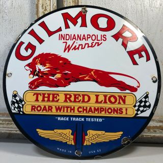 Vintage Porcelain Gilmore Red Lion Oil Gas Pump Service Station Sign