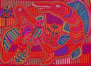 Mola Art 1960s Reverse Applique Kuna San Blas - Pelican & Swordfish 14”x18”