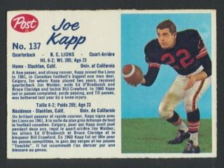 Vintage 1962 Post Cfl Football Card 137 Joe Kapp B.  C.  Lions Ex