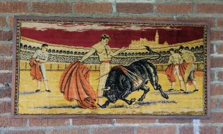 Vintage Spanish Bull Fighting Matador Wall Art Rug Tapestry 39 " X20 " Mid Century