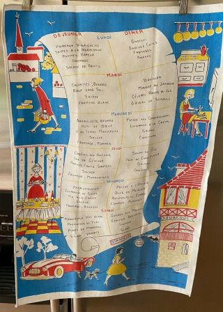 Vintage Nos French 6 Course Meal Recipe Cotton Tea Towel - 3 Types Of Entertaining