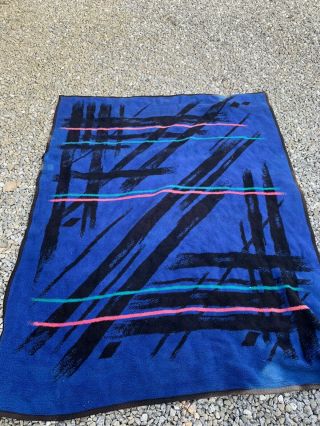 Vintage San Marcos Blanket Blue Black Neon Lines 80s Style 71 " X54 " Abstract C25
