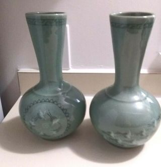 Vintage Asian Celadon Green Crackled Signed 11 " Vases With Crane Design