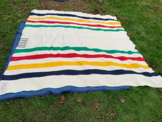 Vintage Hudson Bay Wool Blanket 6 Point Multi - Stripe Colors Queen