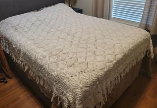 Full Queen Vintage Fringed Crochet Off White Granny Square Coverlet Bedspread