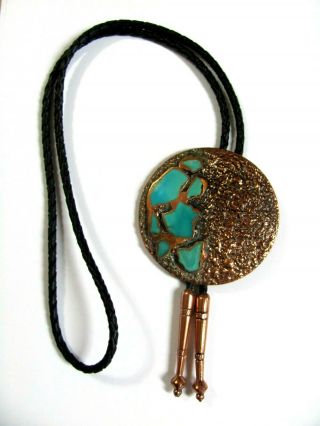 Vintage Bell Trading Post Corinthian Solid Copper & Turquoise Bolo Tie