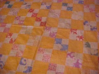 Vintage Hand Pieced Quilt Top,  Orange With Multicolored 4 Patch Design,  Feedsack