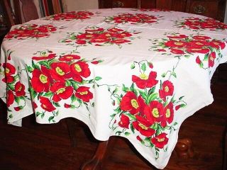 Vtg Red Poppies Floral Cotton Tablecloth Rectangle 66 " X 100 " Bright
