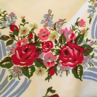 Vintage 1950 - 60’s Red And Blue Floral Print Tablecloth Roses