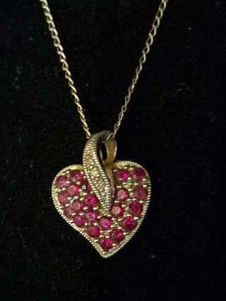 Vintage Hallmarked Solid 10k White Gold Ruby Diamond Pendant Heart Necklace 18 "