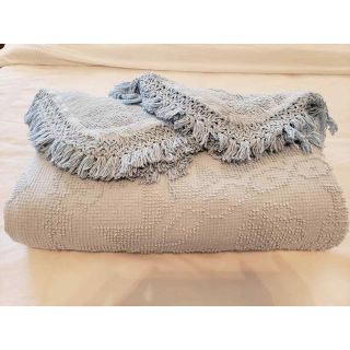 Vintage Baby Blue Hobnail Chenille Queen Bedspread Set W/2 Matching Pillow Shams